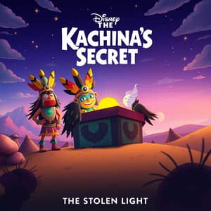 Long time ago, there was no day. It was always dark and always summer. This was because the Kachina, a very powerful people had stolen the sun and the moon and locked them away in box., in cartoon style