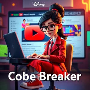 Create a 3D illustration featuring a realistic 18 year-old beautiful young girl busy to writing a coding on a chair in front of a 3d logo of YOUTUBE. The character should have red and white pant coat tie with Sneakers shoes, with glasses, The background of the image should showcase a social media profile page and the username "PRAGATI RANJAN'and a matching profile picture and modify it