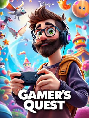 Create 3d illusion for a gaming logo.the boy with beard and with headphones holding remote looking smart , in Disney Pixar poster style