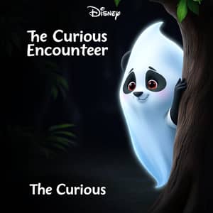 Prompt: "A soft, glowing ghost floating gently in a dark jungle clearing, with a friendly and calm aura. The cute baby panda, with brown eyes, a white t-shirt, and black shorts, stands in the background, cautiously peeking out from behind a tree. The panda looks both surprised and intrigued by the ghost's peaceful presence, its large eyes wide with wonder."