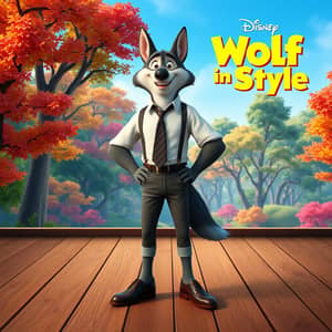 a Happy Large Male Adult Wolf In a Dress Shirt, Long Pants Below The Knees, Plain Charcoal Socks, And Leather Dress Shoes with Laces standing up on the Floor.