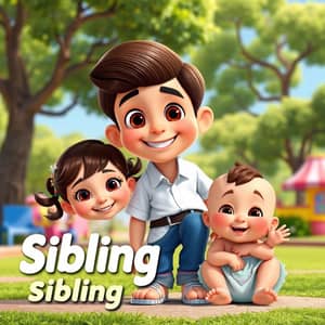 in pixar style, 3 siblings. a young boy with big brown eyes and big ears, with brown hair in a side comb wearing a white shirt and blue jeans with white shoes. He is smiling with a missing tooth. Next to him is a little girl, younger than him. She has brown wavy hair in pigtails. She is wearing a light blue dress with white sandals on her feet. She is smiling and hugging the older boy. In front of them is a baby boy with brow asian eyes. Baby boy is chubby and sitting down at their feet waving and smiling. He has little bit of brown hair on his head and no shoes on his chubby feet. 