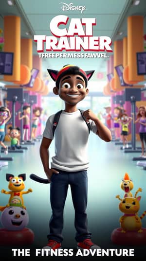 poster 3d inspirado na Disneypixar de um homem de 30 anos, negro, com 1,82 de altura personal trainer que usa toca e tem orelhas de gato, in comic book style