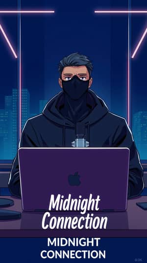 Create an anime-friendly looking male business character who appears handsome and smart. He has a good face and is wearing a black face mask and a black hoodie. The character is sitting behind his laptop in his office, with his arms on the desk. It is night, and the room features volumetric neon lighting. The character is front-facing to the camera, looking straight and centered. This is a central portrait with an audio microphone on the desk near his mouth. The character's face should occupy about 1/3 of the image size. He is sitting straight, front view, and centered, looking straight ahead. The overall ambiance of the image should convey a connection to minimalism, with flat illustration, bold lines, simplification, and a gouache illustration style. The image should be in 8K resolution., in comic book style