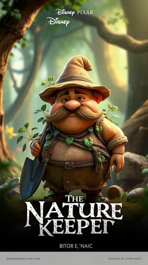 Create a detailed 3d model of a small, rotund dwarf-like character with a potato -textured body.The character should have a large,bushy moustache and be dressed in rustic, tattered clothing, including a floppy hat . the character should carry a small shovel and have leaves or plant growing from its body, suggesting a connection to nature.The scene should be set in a mystical forest with rich, earthly tones and soft,diffused lighting.", in Disney Pixar poster style