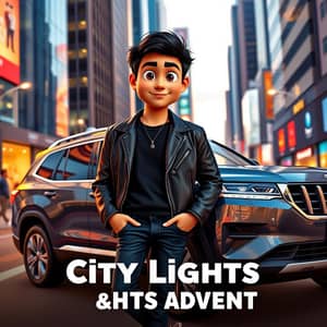 A 3D-rendered scene of Rehan Khan, a 20-year-old male with slightly long, wavy black hair framing his square-shaped face. He is leaning casually against a dark gray SUV parked on a bustling city street at twilight. He wears a dark brown leather jacket over a plain black T-shirt, paired with slim-fit jeans and sneakers. The background shows a modern urban setting with glowing streetlights, tall glass buildings, and a vibrant city atmosphere. The scene highlights detailed textures, natural lighting, and reflections off the car’s polished surface.