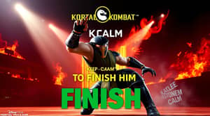 generar una imagen de Scorpion de Mortal Kombat 11 con la leyenda "KEEP CALM AND FINISH HIM"