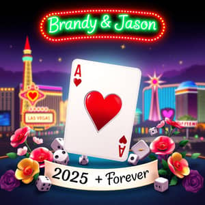 Vegas themed wedding invite, an ace of hearts playing card with a neon sign text banner at the top "Brandy & Jason" and another banner at the bottom "2025 + Forever", dice and flowers.