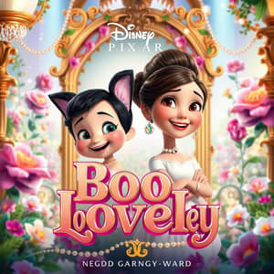 3D design bold text name"Boo & Lovely." It appears to be artistically styled with ornate decorations like flowers, pearls, and gold embellishments, creating a luxurious and elegant visual. If you are asking about how to recreate such a prompt, let me know!

