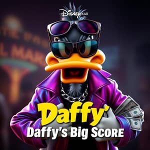 Stylish and angry Daffy Duck, wearing a colorful jacket with iridescent gradient, very colorful and shiny, with sunglasses, a silver chain, with money, ultra realistic, like a movie poster, blurred elements around, details, dark background.
