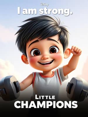 "Create a black-and-white illustration with clean, well-defined lines in the classic Disney style. The image should depict a child between the ages of 3 and 7 engaged in an action that represents a positive affirmation. The child should have expressive features, large eyes, and a dynamic pose to convey emotion. Examples of actions:

'I am strong' → A child lifting a small weight or flexing their muscles with a confident smile. The artwork should be cute and engaging, with soft details that encourage creativity in coloring. The background should not be overly detailed, with only subtle elements to complement the scene. The image should be in black and white, ready for printing as a coloring book page."