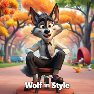 a Happy Large Male Adult Cartoon 2d Wolf In a Dress Shirt, Long Pants, Plain Charcoal Socks, And Leather Dress Shoes with Laces Sitting Down on the Stool.