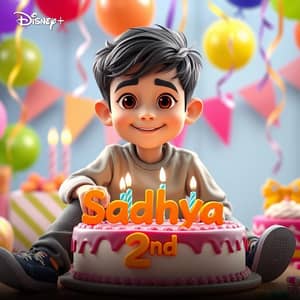 3D illustration of a man
sitting casually on front of a cake. The character must wear casual moder clothing. The background of the image is a party theme. Write 'Sadhya' on the birthday cake. Make sure the text is not misspelled.her age is 2