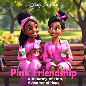 gorgeous chibi style image of an African American woman and a
Caucasian woman wearing very stylish pink outfits with a pink cancer
ribbon on their shirts while sitting on a bench at a park drinking pink
Starbucks drinks, the Caucasian woman is comforting the African
American woman with a happy expression on her face, in cartoon style