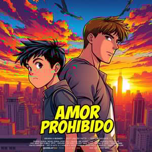 Haz una portada de un comic Bl de dos chicos uno de baja estura de cabello negro y otro de alta estatura de cabello castaño amor prohibido, in comic book style