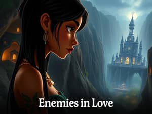 I want to see a fantasy book cover, very fantasy-like. Semi-realistic. The protagonists are enemies, but secretly in love. I want them to be looking at each other very close to the head camera so that we can only see their profiles. The woman is a Brazilian indigenous woman with extremely straight black hair, tribal tattoos all over her arm and a seed necklace around her neck. The man He is a mysterious dark-haired man with a dark past, equally black hair, and bright, clear eyes. In the background, a large canyon in the Atlantic forest with houses carved into its walls and illuminated by golden lights. In the end, a large dark blue palace rich in details. I want it to be an animation, but semi-realistic. Mysterious, mystical and fantastic.