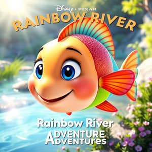 A charming, 3D-style cartoon rainbow fish with large, expressive blue eyes and shimmering, multi-colored scales. Her face is friendly and cheerful, with soft, rounded features and a gentle smile. The river water is clear and glowing under soft sunlight, with lush green plants and small pink flowers along the riverbank."