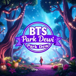 sebuah logo dengan ada logo bts warna unggu dan pita didalam logo bernama "Park dewi"