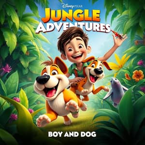 A boy plaing with a dog in jungle, 3d cartoon
