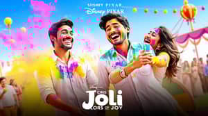 A realistic scene of a man and woman celebrating the Holi festival, both dressed in white clothes. The air is filled with vibrant, colorful powders as they joyfully throw colors at each other. The man has a bright smile on his face, while the woman is laughing and playfully splashing colors. Their clothes are stained with vibrant hues of pink, blue, yellow, and green. The background shows a lively outdoor setting, with other people celebrating, and colorful powders floating in the air. The scene captures the festive and joyful atmosphere of the Holi festival