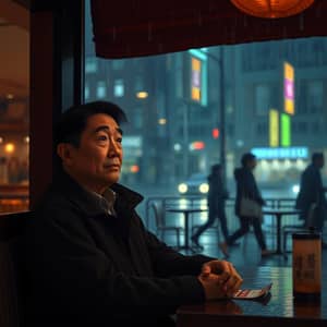 请帮我生成一张图片，内容是被裁的中年男人（中国人 35岁左右 ）无奈坐在深夜咖啡馆中，外面下着小雨行人匆匆走过
