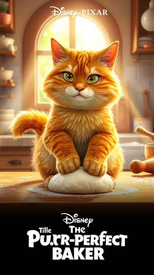 fluffy orange tabby cat with a serious expression, kneading dough on a wooden kitchen counter. Sunlight streams through a cozy window, creating a warm and inviting atmosphere. Flour is scattered around, and kitchen utensils like bowls and rolling pins are in the background. The cat's paws press into the soft dough, making it look like an expert baker. Highly detailed, realistic, and adorable."
