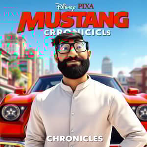 Seorang lelaki yang handsome, berkacamata, berjanggut lebat tanpa misai, memakai kurta pakistan berwarna putih, berdiri di hadapan kereta mustang merah