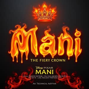 This is a mesmerizing 3D render of the word "Mani," composed with a liquid fire effect, creating a striking piece of digital art. Each letter of the name is crafted with a transparent, smoke-like material, radiating an intense orange and yellow glow. The fiery edges of the letters drip downward, creating a dynamic, molten effect. Suspended above the name, a radiant crown emits fiery energy, further intensifying the dramatic impact. The creation is set against a dark slate wall, with the fiery light spreading outward, captivating viewers with the striking contrast between the smoky transparency and the vivid, glowing edges. Beneath this masterpiece, the artist, "Ak Technical Aditya," humbly signs their work, acknowledging their creative genius in crafting this breathtaking piece., in Disney Pixar poster style