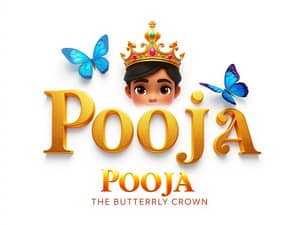 3D lettering of the word Pooja, Crown at the top. a white background with a blue butterfly, paid artwork, trend on behance art, trend on behance art, paid art assets, stylized digital art, realistic style, golden style lettering, layered paper style, flowing lettering, typography, smooth illustration, smooth illustration, gorgeous render, trend in behance hd, behance, stylized, trendy typography, rendered in cinema 4D, rendered in cinema4D, 4k Ultra quality images. 119 Dil