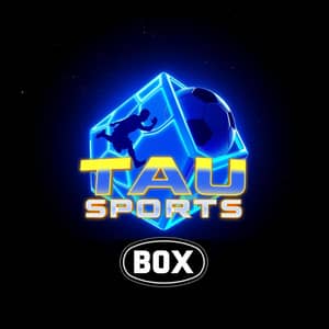 A sleek esports logo featuring a 3D tilted cube with glowing hexagonal patterns in electric blue gradient (#0A224E to #00F5FF), basketball and soccer ball silhouettes emerging from it. Bold 'TAU SPORTS' text in futuristic font with yellow accents, 'BOX' in a black rounded badge below. Digital particle effects, isometric perspective, black background. Ultra-realistic 3D render with metallic shine