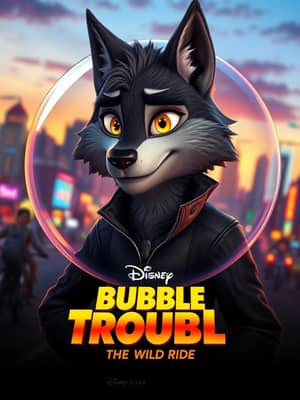 An anthropomorphic manga wolf character with dark grey fur and yellow eyes, obedient, looking seductive, wearing a tight zipped motorcycle suit and a leather collar, got his head encapsulated in a bubble, seems in deep extasy of this situation, his head trapped inside of the bubble, role-playing games