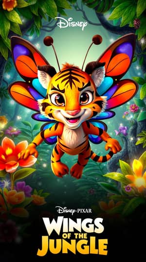 A tiger-butterfly hybrid in a jungle, fantasy style."

, in Disney Pixar poster style