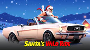 A muscled saint nick standing, surfing on the back seat of a roofless white ford mustang musclecar while a though helper is at the weel