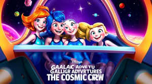 3 beautiful girls inside a spaceship, in open tight spacesuits, in the form of shiny swimsuits. The first girl has orange hair, the second has blue, the third has yellow. The girls smile sweetly