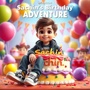 

3D illustration of a man
sitting casually on front of a cake. The character must wear casual moder clothing such as jeans jackets and sneakers shoes. The background of the image is a party theme. Write 'Sachin' on the birthday cake. Make sure the text is not misspelled. His age is 2
, in Disney Pixar poster style