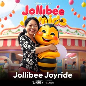 Pixar style of a happy middle-aged Filipina lady with hair in a ponytail dressed in black and white shirt and pink pants hugging a Jollibee mascot statue in front of a Jollibee fast food restaurant, in Disney Pixar poster style