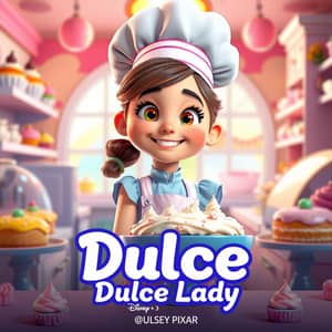 Quiero una niña Disney al póster haciendo pasteles con su gorro de cocinera y su local se llama dulce lady