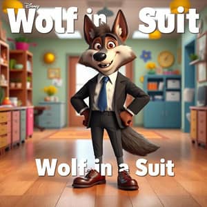 a Happy Large Male Adult Cartoon 2d Wolf In a Dress Shirt, Long Pants, Plain Charcoal Socks, And Leather Dress Shoes with Laces standing up on the Floor.