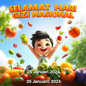 Poster berjudul SELAMAT HARI GIZI NASIONAL, 25 Januari 2024, gambar orang sehat dengan gambar sayuran dan buah-buahan disekelilingnya, 3D animation