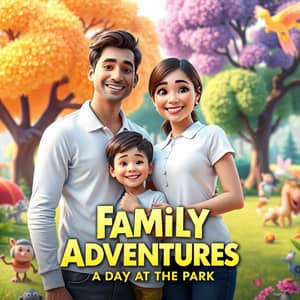 Family photo of 3 people, 25 years old father wearing white long polo sleeves, and 7 years old son wearing white t shirt , and 25 year old mother wearing white polo sleeves, in Disney Pixar poster style