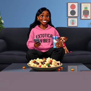 CARAMEL SKIN COLORED black, woman  WITH  small gold earrings, gold watch,
inside the large blue living room, sitting on the big comfy black couch,
cell phone, hello kitty tumbler, remote, blue candy on the table, wearing
pink sweatshirt that says “EXOTICAL", black sweatpants, pink lipstick,
long black hair, watching tv, eating popcorn, and m&m's, small yorkie
dog, off white and blue room, with dark, white flowers, pictures, cartoon, in Christmas style