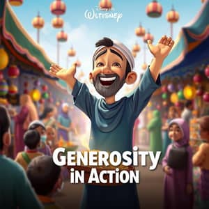 Buatkan saya seorang muslim sedang bersedekah kepada fakir dan miskin , in Disney Pixar poster style