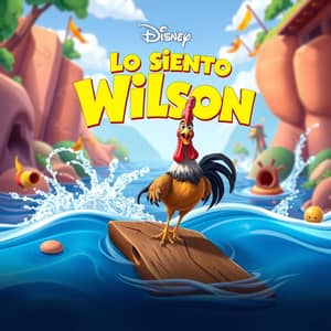 a rooster named wilson gets taken away by a flood, he is standing on wooden plank, the name of the movie is "lo siento wilson", in Disney Pixar poster style