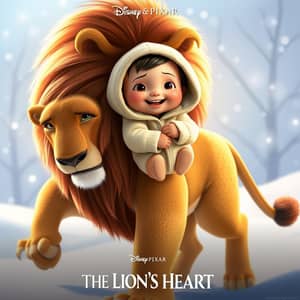 A baby in a cozy cream-colored hoodie sits atop a majestic lion, both gently walking through a snowy landscape. The lion, with a thick mane and confident posture, gazes forward, while the baby smiles, radiating joy and innocence. The scene is serene, showcasing a harmonious and whimsical interaction between the child and the powerful