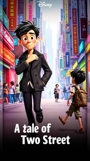 
A cinematic shot of a wealthy boy in expensive clothes (designer jacket, shiny shoes) walking down a busy street. He is tall

and has dark hair. He is accidentally bumped into by a poor boy, who is wearing ragged clothes and carrying a torn backpack. The poor boy has dark hair and is shorter than the wealthy boy.

