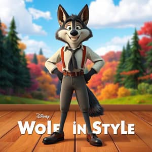 a Happy Large Male Adult Wolf In a Dress Shirt, Long Pants Below The Knees, Plain Charcoal Socks, And Leather Dress Shoes with Laces standing up on the Floor.