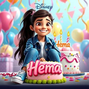 3D illustration of a girl
sitting casually on front of a cake. The character must wear casual moder clothing such as jeans jackets and sneakers shoes. The background of the image is a party theme. Write 'Hema' on the birthday cake. Make sure the text is not misspelled. His age is 11