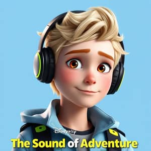 Create a young white avatar with blonde hair and small curls, his face is thin and square, honey-colored eyes, he is wearing a black headphone, a light blue jacket with neon green details, the background color is light military blue