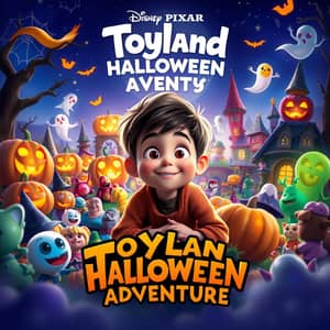 gambarkan suasana fantasy hallowen dengan anak laki laki dan imajinasinya dengan banyak mainan