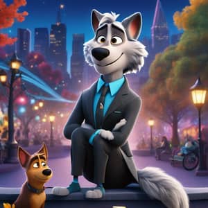 Linnux is a Wolf From the 2016 Film Rock Dog, He Appears to be Wearing a Dress Shirt, Long Pants Below The Knees, Plain Charcoal Socks, And Leather Dress Shoes with Laces Sitting down the bench.